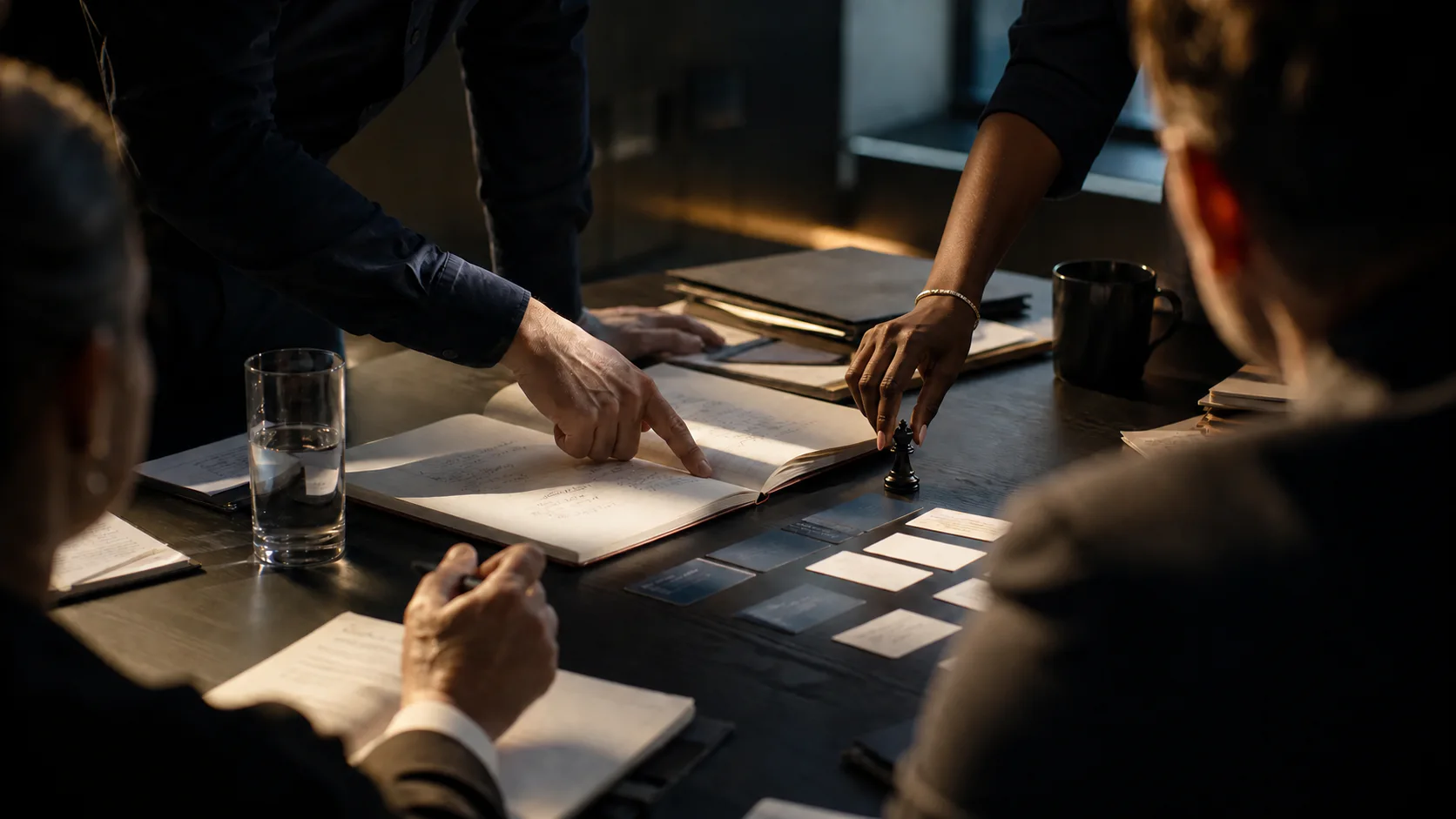 Leaders work through a plan together around a warm, active boardroom table