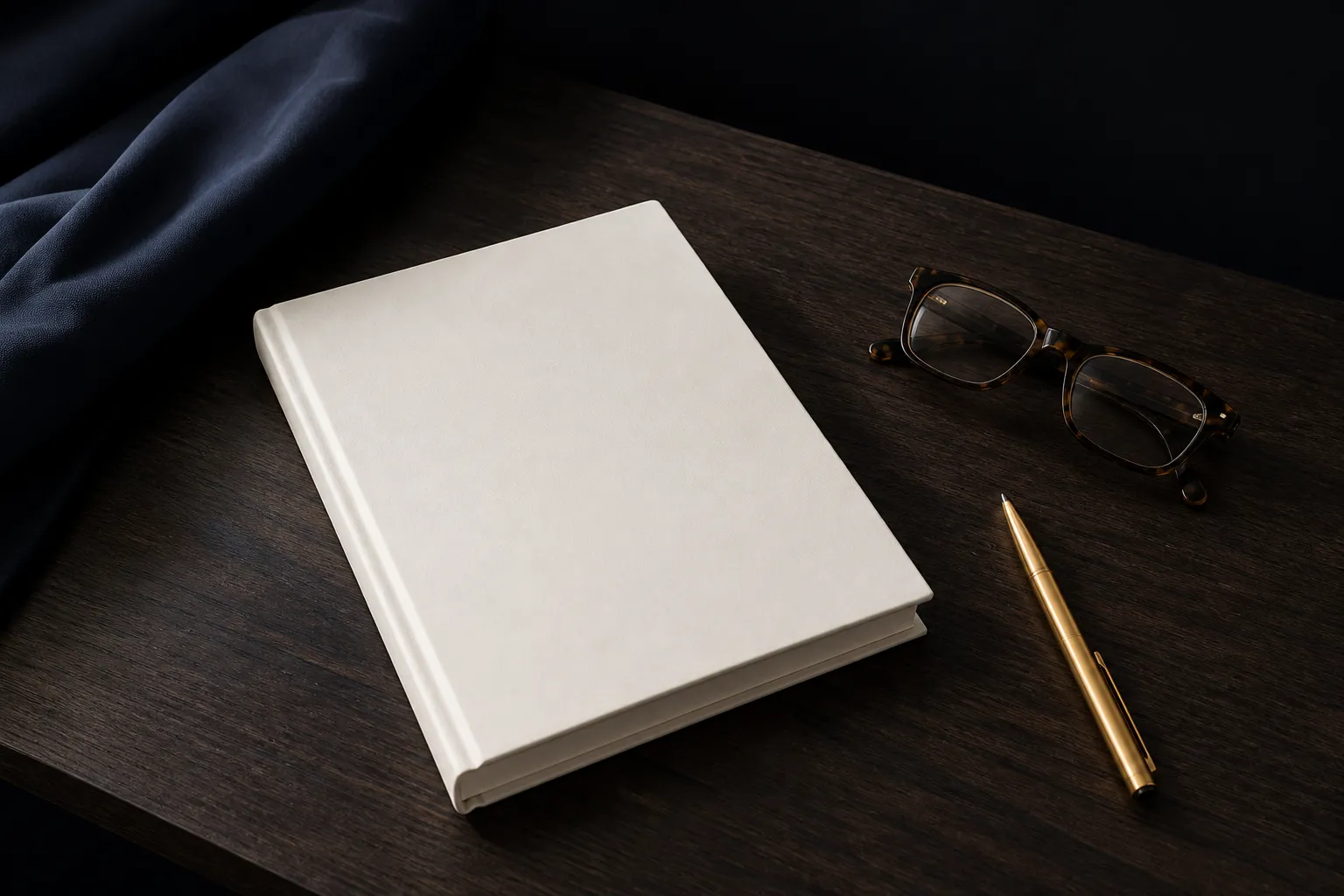 A blank ivory book beside glasses and a gold pen on a dark walnut desk