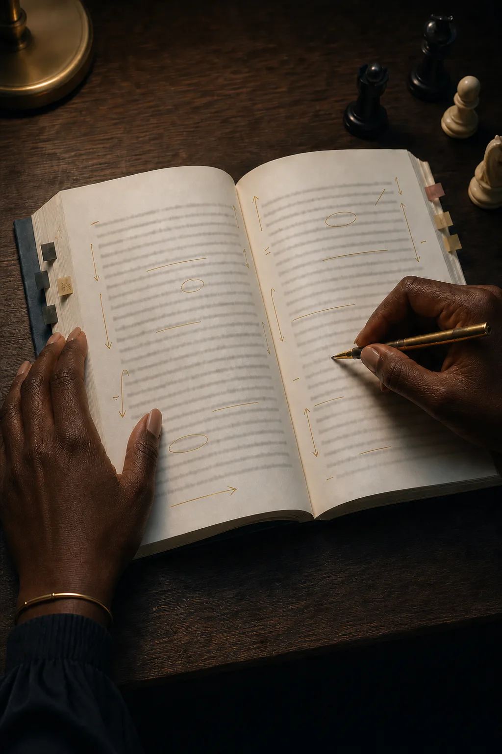 A reader marks up an open paperback beside chess pieces on a dark desk