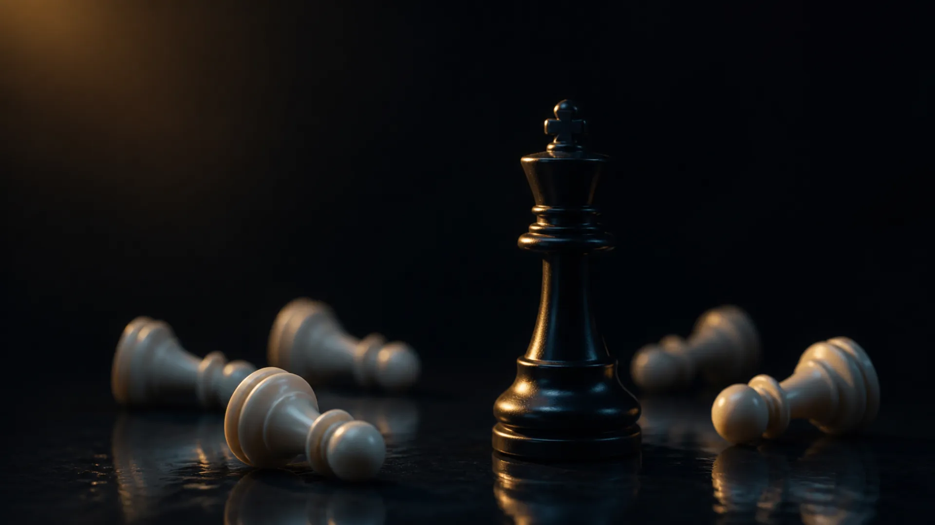 A black chess king standing among fallen white pawns