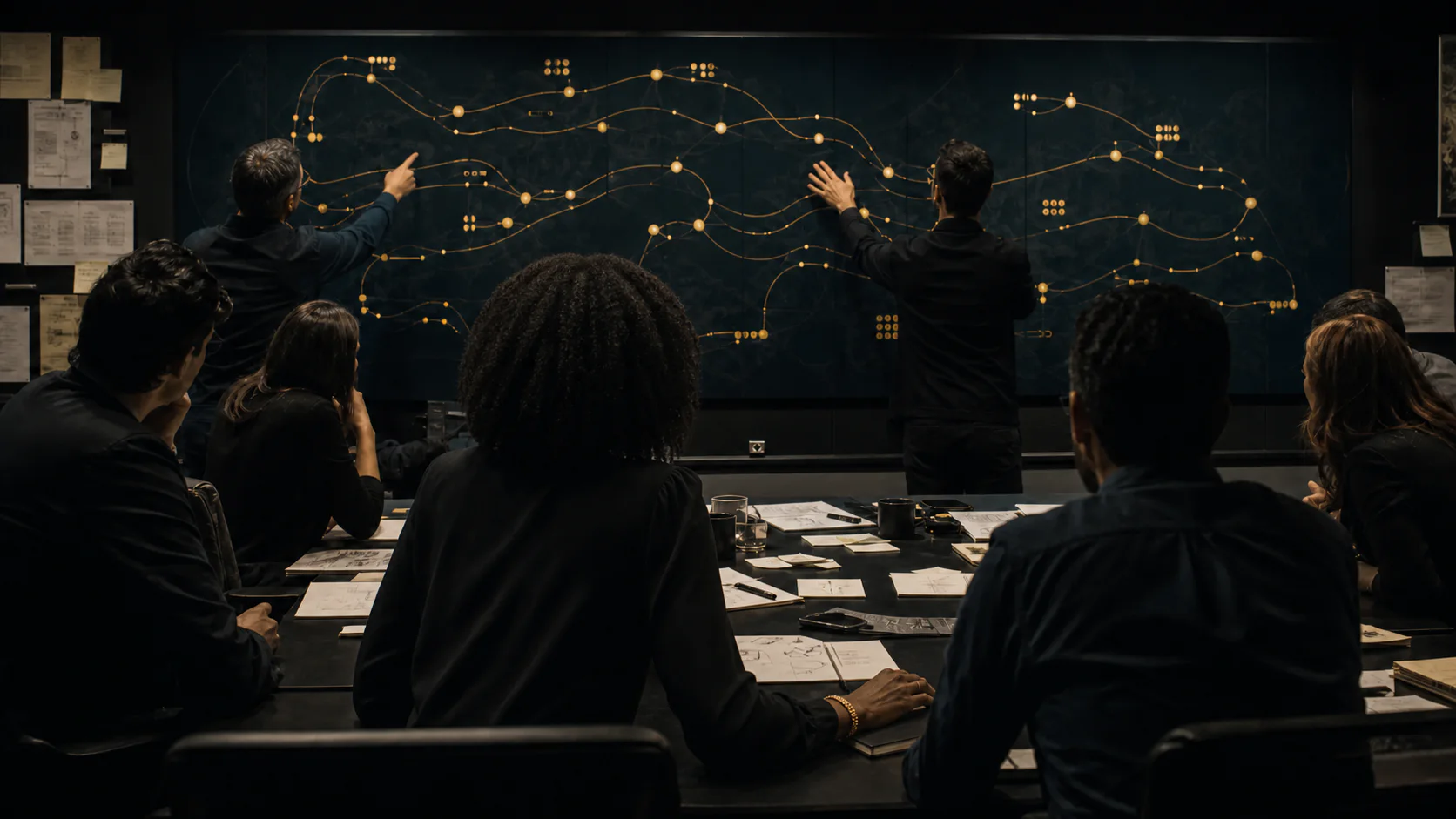A transformation team maps a complex program together in an active working session