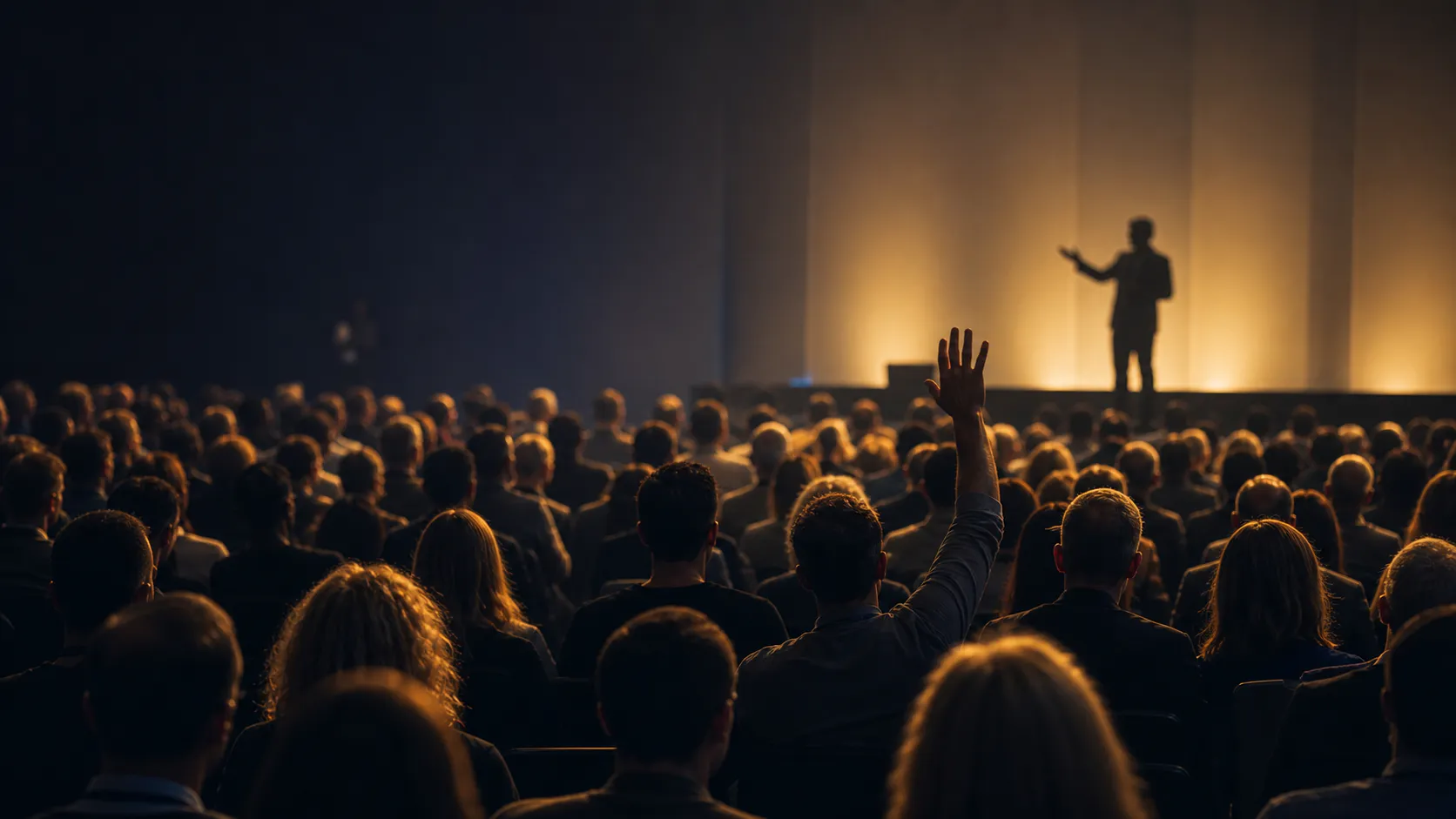 A full keynote audience engages with a speaker under a warm stage wash