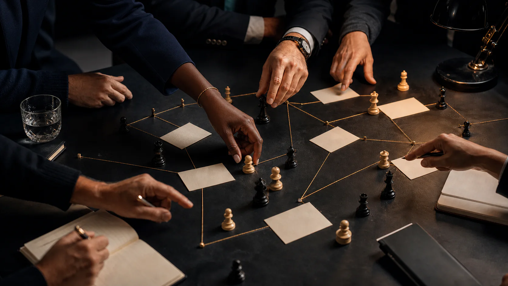 Leaders move chess pieces and planning cards across an active strategy table